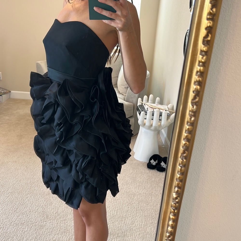 Marchesa Notte Black Ruffled Skirt Strapless Silk Chiffon Dress Size 0